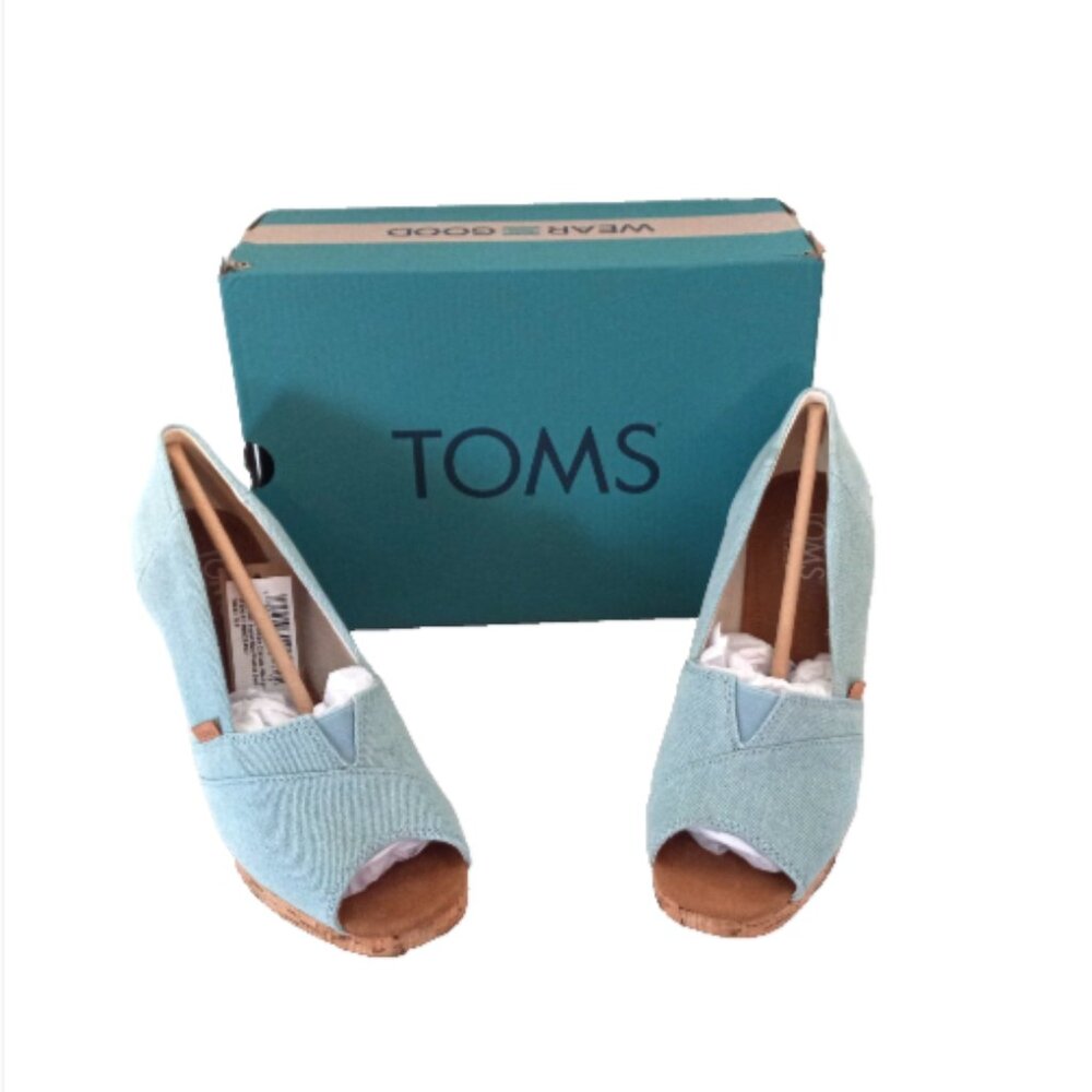NEW TOMS Blue Espadrille Wedge Peep Toe Sandals Size 5.5 Denim